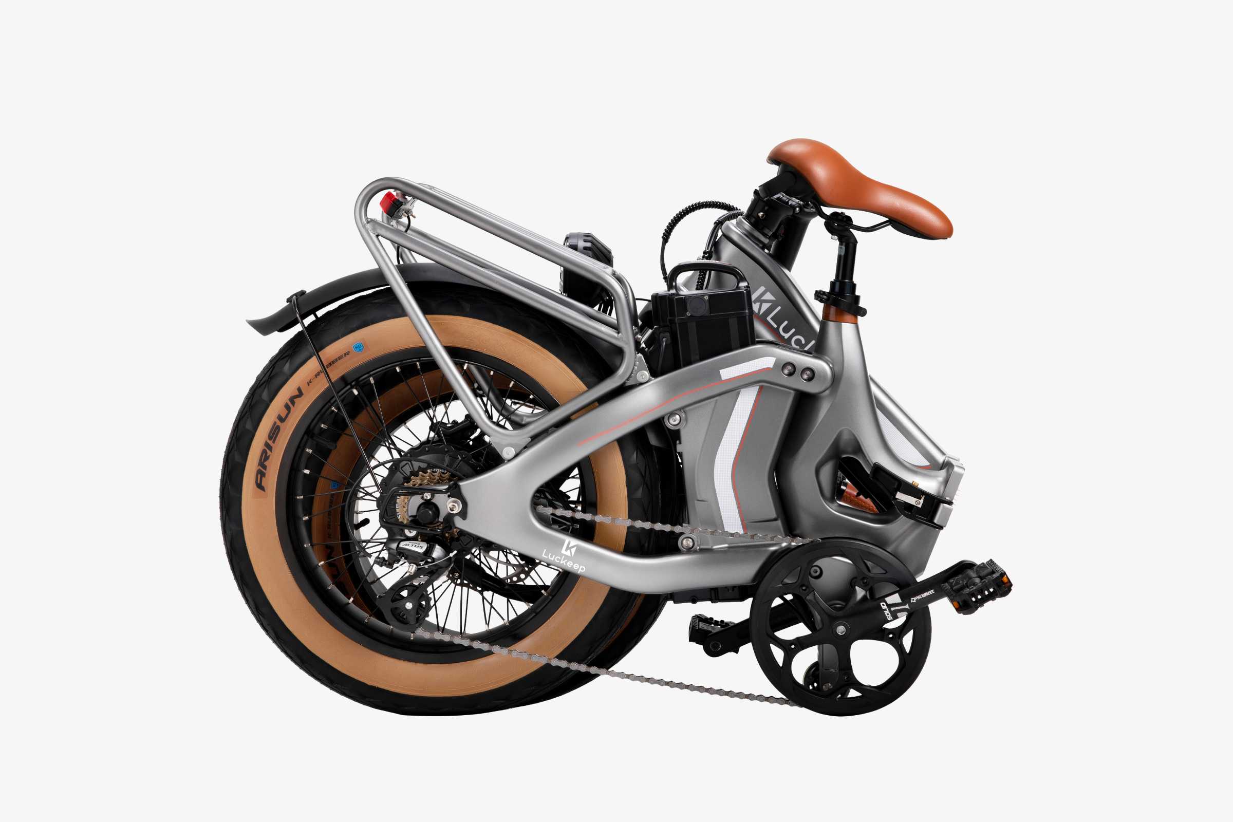 fat tire folding ebike in a compact folded state, easy to store and transport