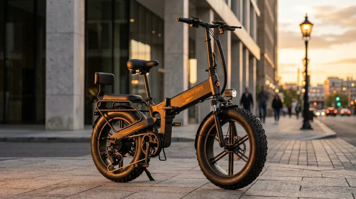 BENIFORE X1T PRO 1500W black folding fat tire electric bike with dual suspension and rear passenger seat parked on a modern city street during golden hour.