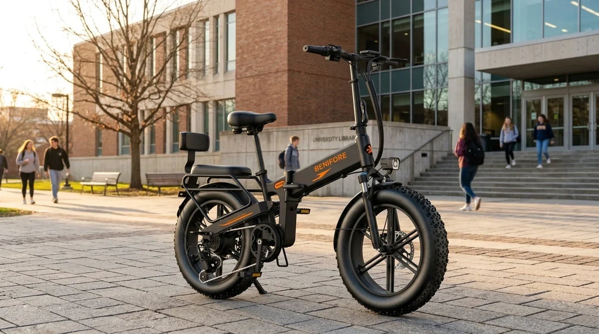 BENIFORE X1T PRO 1500W folding fat tire e-bike parked on a university campus, showing 20x4.0 fat tires, cast alloy wheels, and compact frame design as a top Lectric XP 4 alternative.